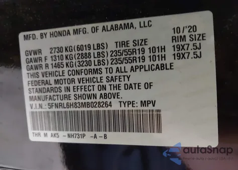2021 Honda Odyssey Touring z USA, uszkodzony, nr VIN 5FNRL6H83MB028264